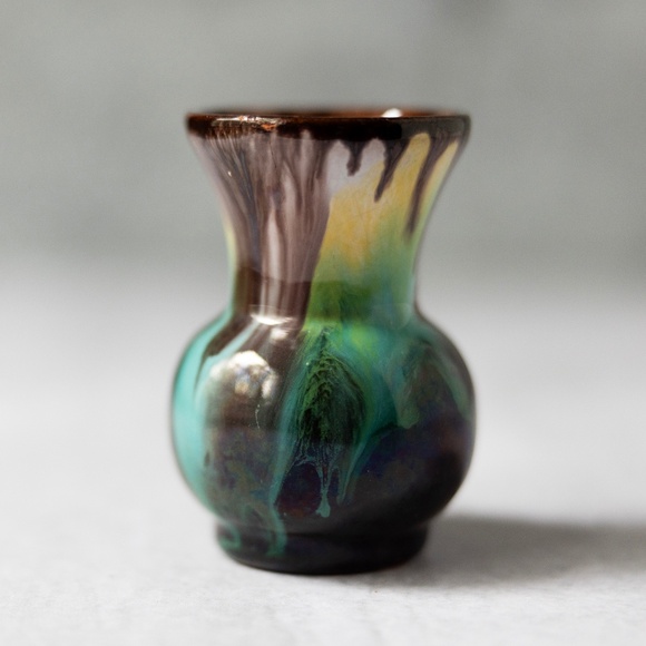Unmarked Other - Miniature vintage pottery mini vase drip glaze green yellow brown Mexico? 3"